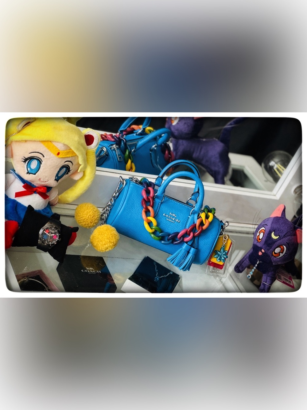 Coach Bright Blue Pebbled Leather Mini Satchel with Rainbow Chain - Picture 2 of 3
